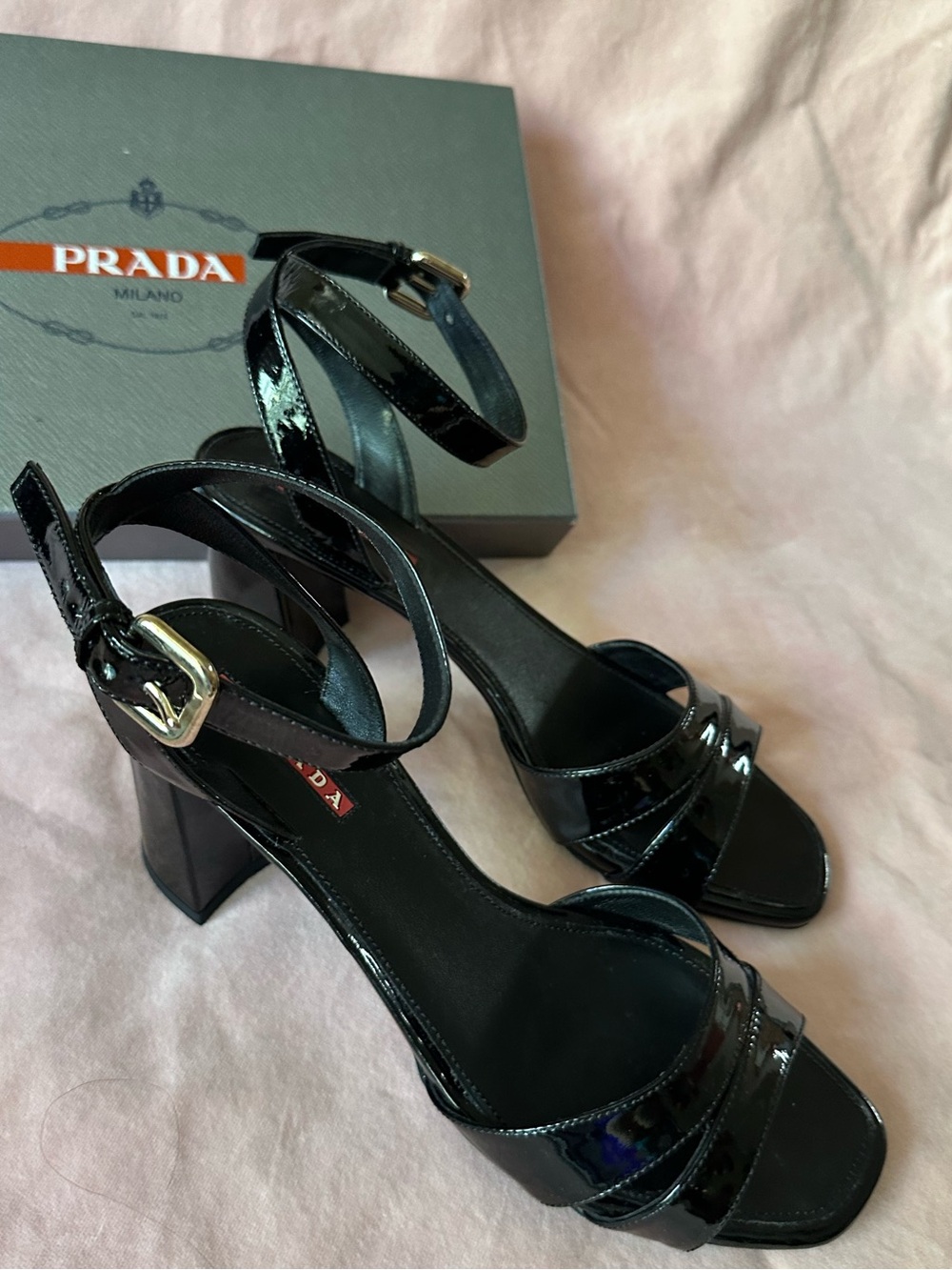 Prada Black Patent Leather Ankle-Strap Block Heels